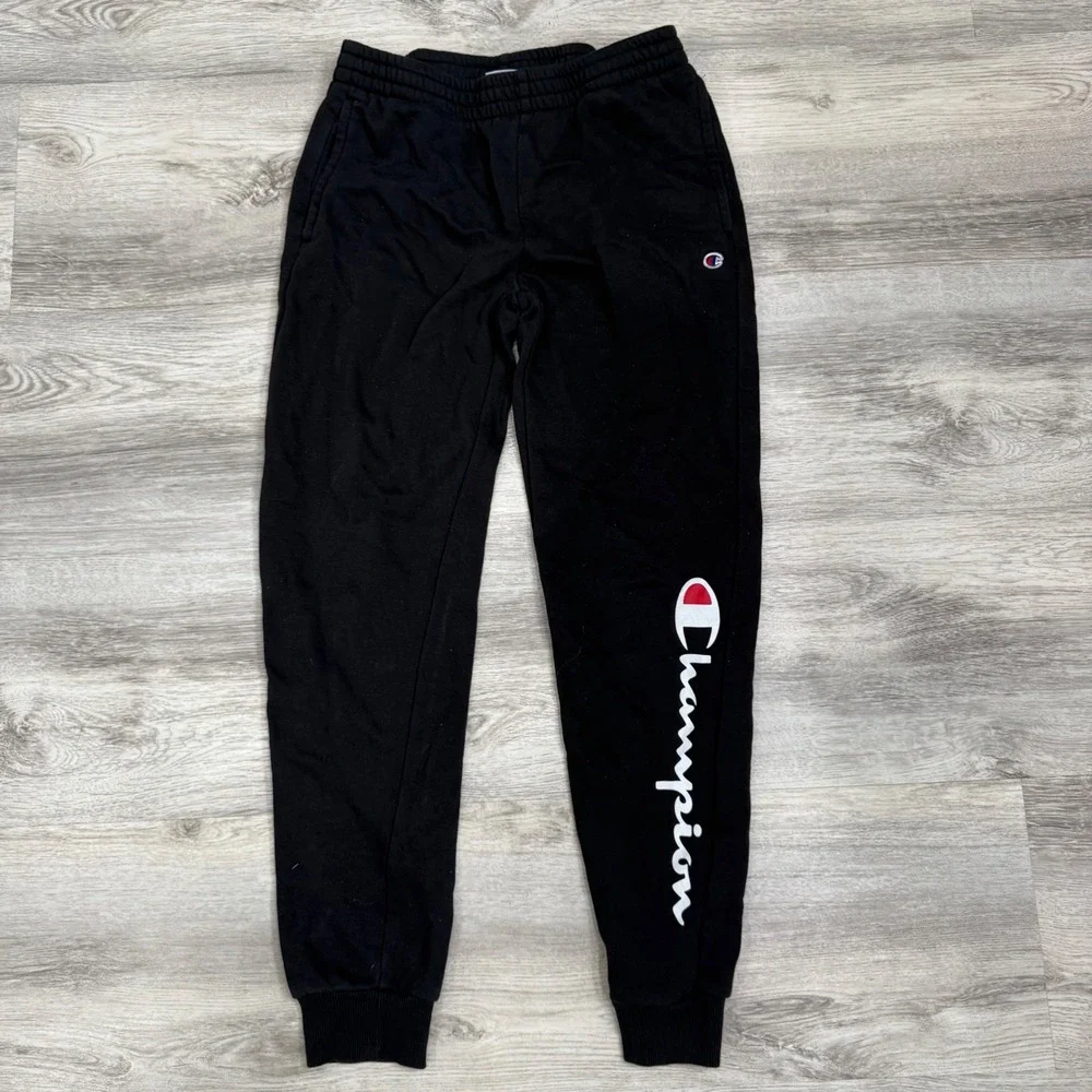 Champion Kids Black Joggers Sweatpants Large 14/16 Script Logo C‎ Patch Pocket